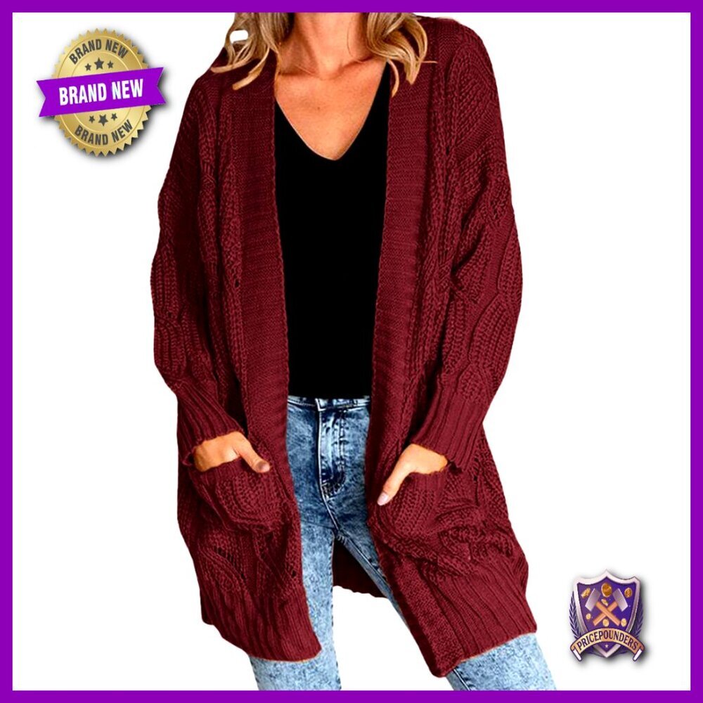 Plus Size Cable Knit Cardigan Sweater Long Sleeve Open Front with Pockets